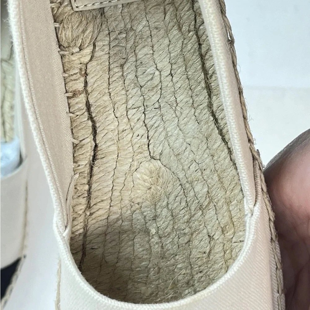 Tory Burch Logo Shoes Womens Size 8 Beige Black Espadrilles Toe Canvas Slip On